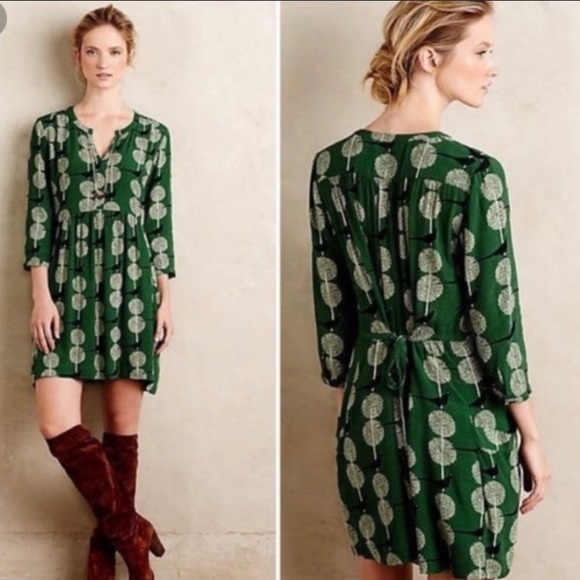 Anthropologie Maeve Devery Green Bird Dress Small - Picture 1 of 8